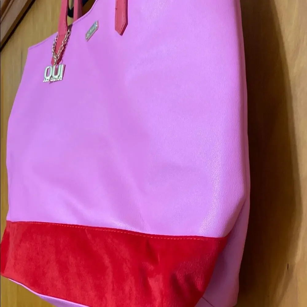 Juicy Couture “Just Say Oui!” Pink Red Glossy + Velvet Tote Bag w/ Charm Gold